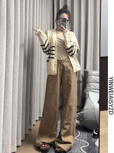 กางเกงยีนส์ขายาวเอวสูงทรงหลวมสีน้ำตาลสำหรับผู้หญิง กางเกงขายาวทรงตรงทรงหลวมสำหรับผู้หญิงไซส์ใหญ่ ฤดูใบไม้ผลิและฤดูร้อน