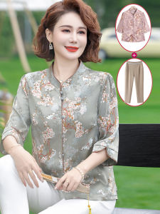 Fashionable Midi Sleeve Chiffon Shirt Thin Summer Top Set for Mom And Grandma Spring Summer Loose Fit round Neck Bird Flower Pattern