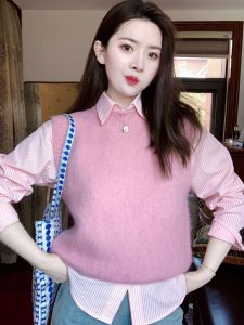 Spring 2025 Womens Pink Striped Shirt Vest Set Tea System Whole Set Cute Young-looking Fashionable Polyester round Neck Top