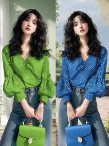 Retro Hong Kong Style Brick Red Polka Dot Lantern Sleeve Shirt Womens Fashion Spring New High-End French Style Top