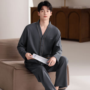 ชุดนอนผู้ชาย Pure Cotton แขนยาว ฤดูใบไม้ผลิและฤดูใบไม้ร่วง ไซส์ใหญ่ เสื้อผ้าใส่อยู่บ้าน ชุดนอนผู้ชาย ชุดนอนวันพีซ