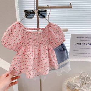 Summer Floral Short Sleeve Shirt for Girls Korean Style Cotton Baby Doll Top Trendy Childrens Clothing Floral Print Cotton Shirt