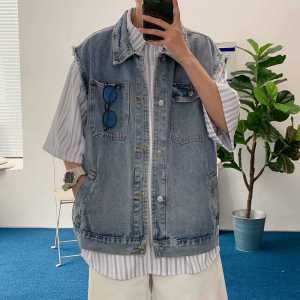 Japanese Style Denim Vest Man Spring Summer Fashion Brand Loose Casual Sleeveless Bandage Dress Tops Couple Waistcoat Vest Outwear