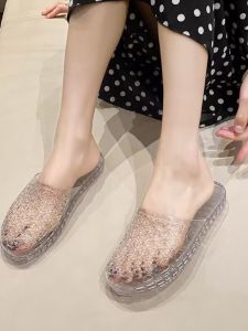 รองเท้าแตะคริสตัลโปร่งใสสําหรับผู้หญิงฤดูร้อนอาบน้ํา Anti-SLIP ใช้ในบ้านสีขาว MOM รองเท้าแตะกลางแจ้งสวมรองเท้าแตะครึ่ง
