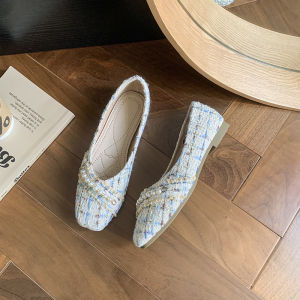 French Vintage Style Flat Head Womens Shoes Soft Bottom Versatile Spring Summer Ballet Flats Pearl Embellished Fashionable