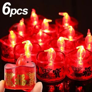 3/6pcs Chinese New Year Traditional Fu Character Red LED Flameless Candle Light Battery Operated Tea Lamp Spring Festival Wedding Party Decoration