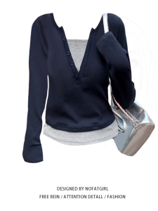 Plus Size Fat Sister Fake Two-Piece Color Contrast Long Sleeve T-shirt Female Early Autumn Stylish Silm Short Shoulder Fashion