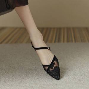 Elegant French Head Cover Sandals Womens Summer New Black Lace Mesh High Heels Fashionable Cross Strap Hollow out Slip-On Shoes