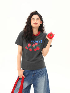 WILDAZI | American Retro Tomato Print Color Block T-Shirt