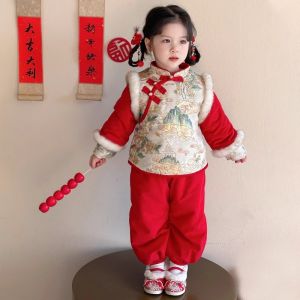 ชุดเด็กสไตล์จีนสำหรับต้อนรับปีใหม่ ชุดกันหนาวแบบหนาสำหรับเด็กผู้หญิง เสื้อผ้าผ้าไหมแดงสำหรับเด็กและทารก ชุดกันหนาวสำหรับเด็ก