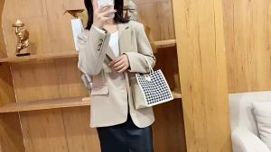 Houndstooth Pattern Canvas Tote Bag Portable Storage Handbag Button Decor Shopping Bag
