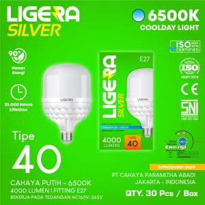 LIGERA SILVER 40W lampu LED Bulb cahaya putih 6500K super terang E27