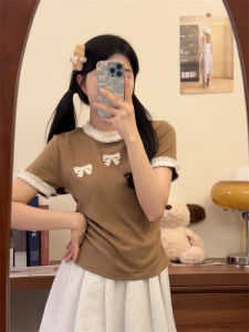 Short Sleeve T-Shirt Womens Lace Trim Design Butterfly Knot Casual Style Slim Fit Cotton Blend Summer Top Small Size