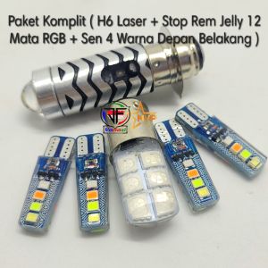 Paket HEMAT Komplit Combo Lampu Motor H6 Laser Putih Kuning + Lampu REM Jelly 12 MATA  RGB + Sen 4 Pcs Depan Belakang Universal Dc 12 Volt Motorcycle Kendaraan