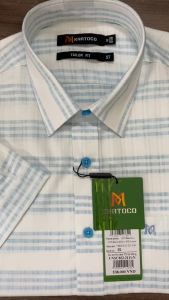 Sơ Mi Sọc Ngang Tay Ngắn Trắng - Xanh Lam Form Tailor Fit Chống Nhăn Lai Ngang - Áo Nam Khatoco