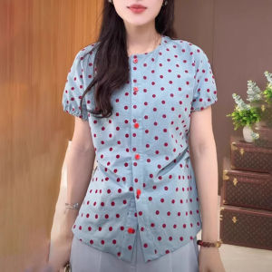 BINKAFENNY | Slimming Polka Dot Short Sleeve Round Neck Shirt For Women Summer Loose Comfortable Fashionable Top Beautiful Korean Style Commute