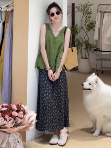 Itawina | Green Floral Print Dress Set Women Summer 2025 New Style Elegant OOTD Matching Whole Set Fresh Sweet Pure Color A-Line Skirt