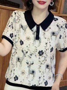 HUAXUNRAN | Fashionable Turn-down Collar Short Sleeve Print T-shirt for Women