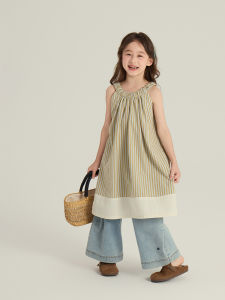 Loose Summer Dress for Girls Hang Neck Strapless Korean Style Stripe Pattern Vacation Casual Mid-Length Skirt for Kids
