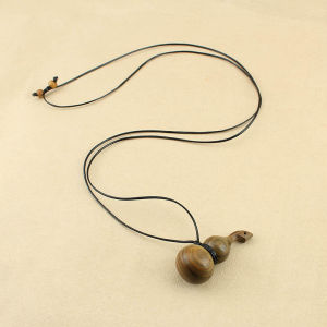 Adjustable Length Long Gourd Pendant Black Ebony Wood Sweater Chain Necklace Natural Green Sandalwood with Leather Rope