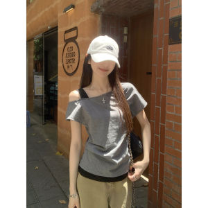 La Chapelle Womens Slim Fit Short Sleeve T-Shirt Pure Cotton Korean Style Pleated Color Block Summer Top Casual Commute Wind