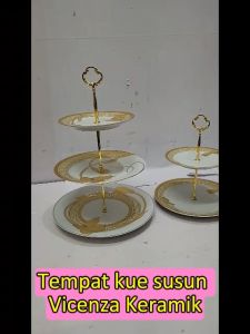 Piring kue Tempat kue susun / Tingkat Keramik 3 susun Vicenza Kualitas Putih Coating emas