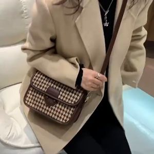 Kstyle New 2023 Women Fashion Vintage Elegant Houndstooth Korean Premium PU Leather Canvas Sling Bag Shoulder Bag Crossbody Handbag Casual Outing Bag - 9785