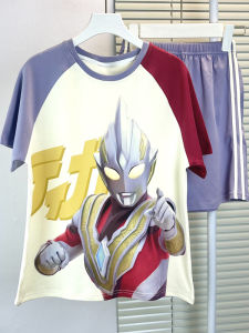 Childrens Summer Pajamas Set Pure Cotton Thin Short Sleeve Shorts Cartoon Ultraman Print Home Clothes for Boys Ages 2-12