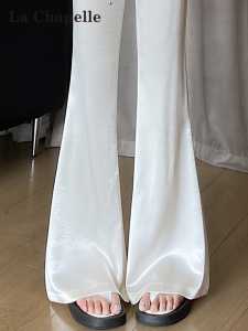 La Chapelle Womens Summer Thin Acetate Satin Micro Flared Pants High Waist Casual Trousers Non-Matching Leg White Ice Silk Horse Hoof Pants