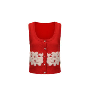 XIAOLI | New Spring Red Lace Jacquard Wool Knitted Vest
