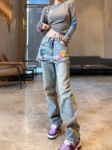 กางเกงยีนส์ทรงตรงปักลายสไตล์ย้อนยุคสำหรับผู้หญิง กางเกงยีนส์ทรงสลิมฟิตแฟชั่นฤดูใบไม้ผลิปี 2025 ทรงหลวมสบายๆ สำหรับทุกวัย