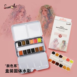 SeamiArt 12 Color Solid Watercolor Paints Tin Box Set Water Colour Pigment Travel Painting Art Supplies