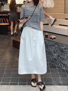 กระโปรงทรงเอเอวสูงทรงหลวมสไตล์เกาหลีสำหรับผู้หญิง กระโปรงทรงเอสีขาว ทรงหลวม ทรงเข้ารูป กระโปรงทรงเอ