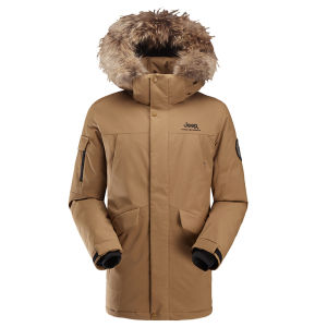 Jeep | Jeep Mens Down Jacket Windproof Warm Thickened Goose Down Mid-Length Water-Resistant Fur Collar Coat Outdoor Travel Camping Skiing
