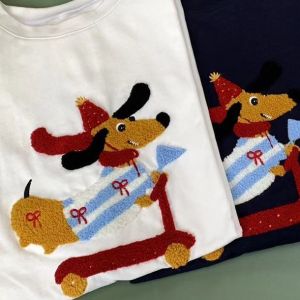 American Towel Embroidery Patch Skateboard Puppy Long Sleeves T-Shirt Female Spring and Autumn Loose Design Heavy Weight 100% Cotton Coat