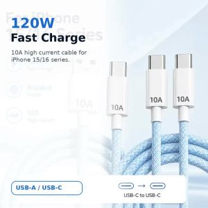 120W 10A USB C Cable Fast Charging Durable Braided USB C to C USB A to C Cord for iPhone 15 16 Series Phone Tablet Charger