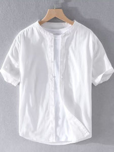Elegant White Cotton Linen Shirt Mens Slim Fit Short Sleeve Breathable round Neck Cotton Linen Collarless Shirt for Teens