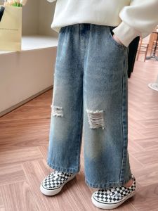 Girls Ripped Denim Pants Straight Leg Wide Leg Jeans Spring Autumn New Style Korean Japanese Style Childrens Clothing