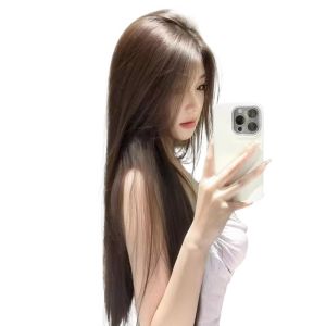 Natural Black Long Straight Wig Womens Full Head Cover Invisible Traceless Parted Fake Hair with Bangs Changing Hairstyle Anti-Aging