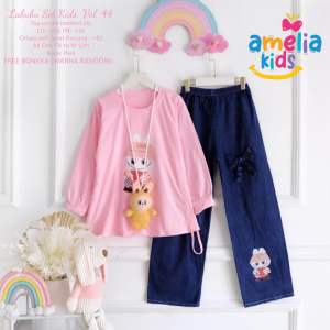 [[ New Arrival ]] FREE GIFT Labubu Set Kids Vol 41 42 43 44 by Amelia Setelan Baju Anak Model Terbaru motif Labubu Oneset Labubu Viral Setcel Anak Kaos dan Celana Jeans Baju Labubu Anak Usia 3 sampai 12 Tahun