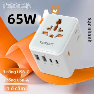 Bộ Chuyển Đổi Du Lịch Đa Năng TESSAN 65W GaN Với 2 Ổ Cắm AC 2 Cổng USB & 3 Cổng Type C Phích Cắm Quốc Tế Cho Mỹ EU Anh Úc
