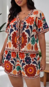 FunnyeS Women Boho Floral Print Tie Front Short Sleeve Top & Waist Shorts 2PC Vacation Set 2318
