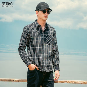 Enjeolon Mens Plaid Long Sleeve Cotton Shirt Casual Style Spring Autumn Fashion Breathable Outerwear Thin Coat