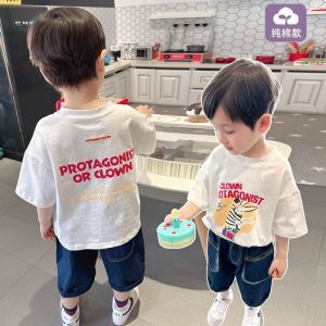 Boys Short Sleeve T-Shirt Summer Thin Cartoon Print Top Cute Half Sleeve Trendy Kids Clothing Lightweight Sweat Absorbent Casual Wear