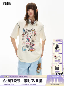 F426 Store American Retro Cartoon Graffiti Puzzle Short Sleeve T-Shirt Youth Casual Creative Fun Print Summer Tee