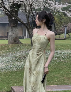 French Vintage Floral Skirt Womens Summer New Waist Cinching Slimming Elegant Neck Hanging Strap Dress Ins Style A-Line Skirt