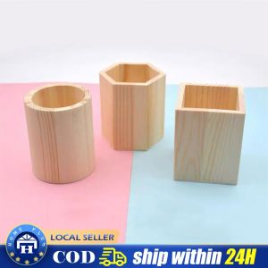 DIY Office Organizer Desktop Wooden Pen Storage Box Pencil Pot Pen Holder Makeup Brush Container Home School Stationery Supplies