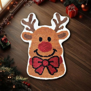 VIKAMA Reindeer Head Shaped Rug Imitation Cashmere Soft Non Slip Christmas Rudolph Red Nose Bow Pattern Floor Mat Xmas Holiday