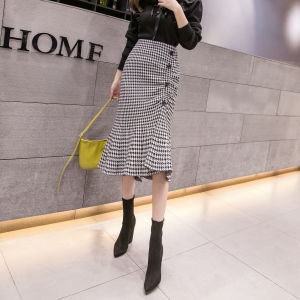 High Waist Plaid Fish Tail Skirt Womens Mid-Length Thin Summer Slimming Step-In Wrap around Skirt Elegant Split A-Line Dress