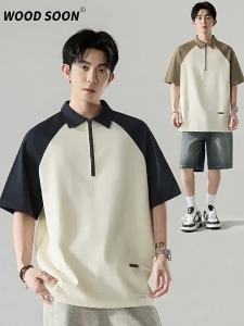Wood soon | Trendy Semi-Zip Collar Colorful Simple Loose Short Sleeve Polo Shirt